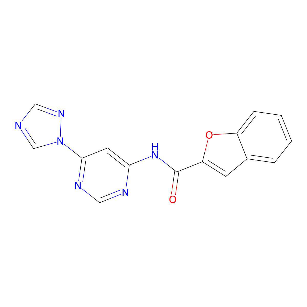 N-(6-(1H-1,2,4-triazol-1-yl)pyrimidin-4-yl)benzofuran-2-carboxamide molecular structure, CAS 1448046-41-0