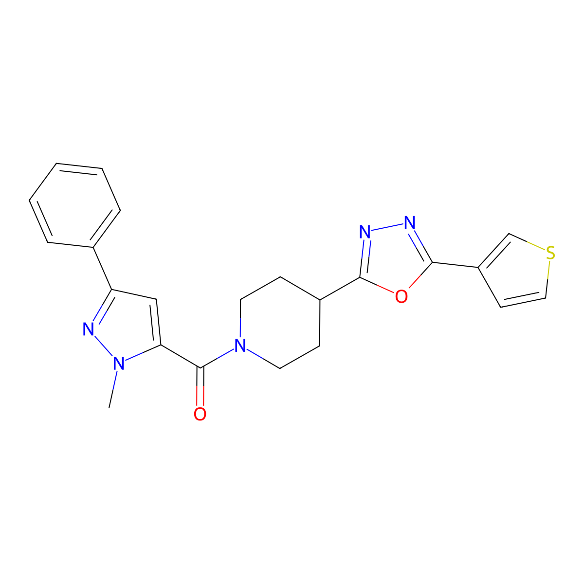 (1-methyl-3-phenyl-1H-pyrazol-5-yl)(4-(5-(thiophen-3-yl)-1,3,4-oxadiazol-2-yl)piperidin-1-yl)methanone molecular structure, CAS 1448046-46-5