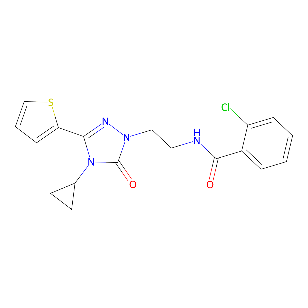 2-chloro-N-(2-(4-cyclopropyl-5-oxo-3-(thiophen-2-yl)-4,5-dihydro-1H-1,2,4-triazol-1-yl)ethyl)benzamide molecular structure, CAS 1448046-48-7