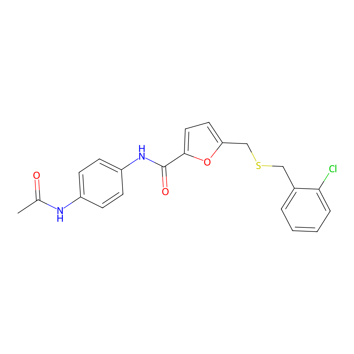 N-(4-acetamidophenyl)-5-(((2-chlorobenzyl)thio)methyl)furan-2-carboxamide molecular structure, CAS 1448046-71-6