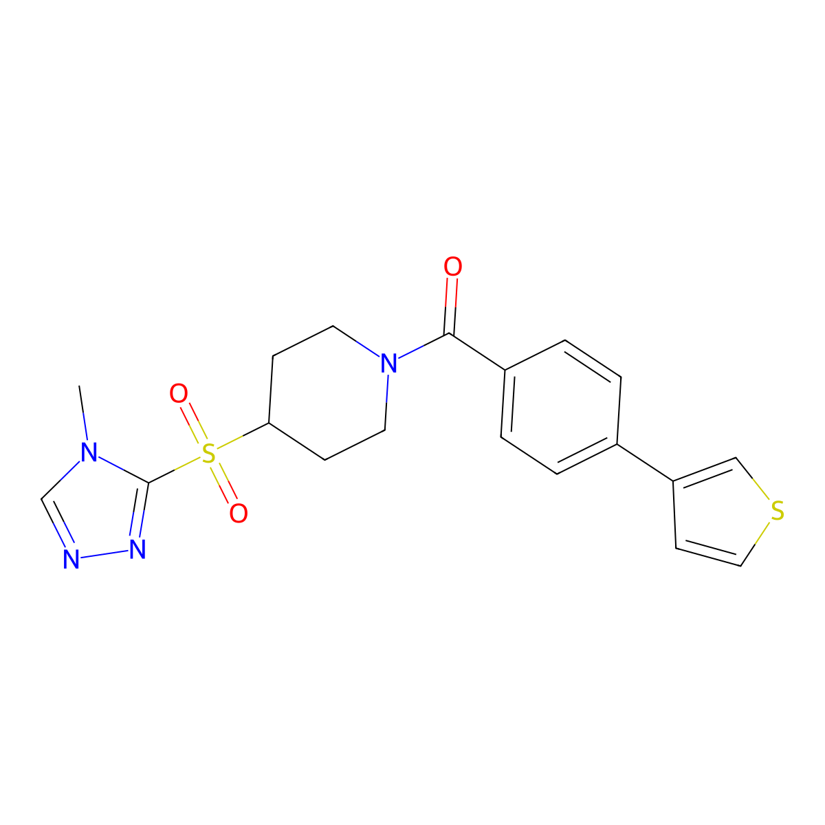 (4-((4-methyl-4H-1,2,4-triazol-3-yl)sulfonyl)piperidin-1-yl)(4-(thiophen-3-yl)phenyl)methanone molecular structure, CAS 1448046-73-8