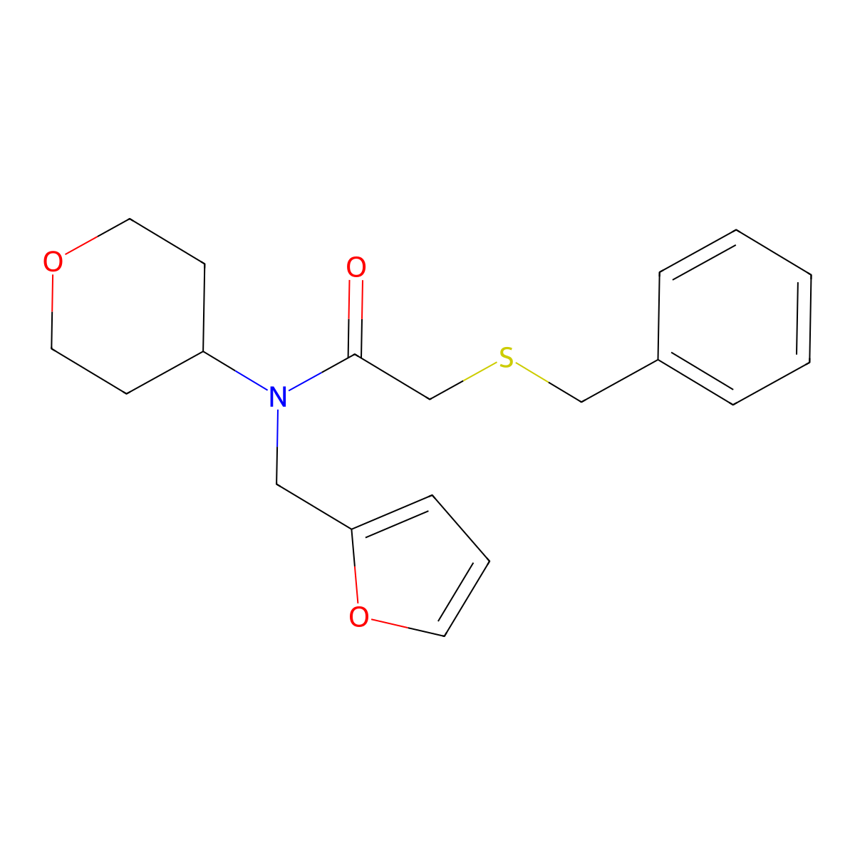 2-(benzylthio)-N-(furan-2-ylmethyl)-N-(tetrahydro-2H-pyran-4-yl)acetamide molecular structure, CAS 1448046-74-9