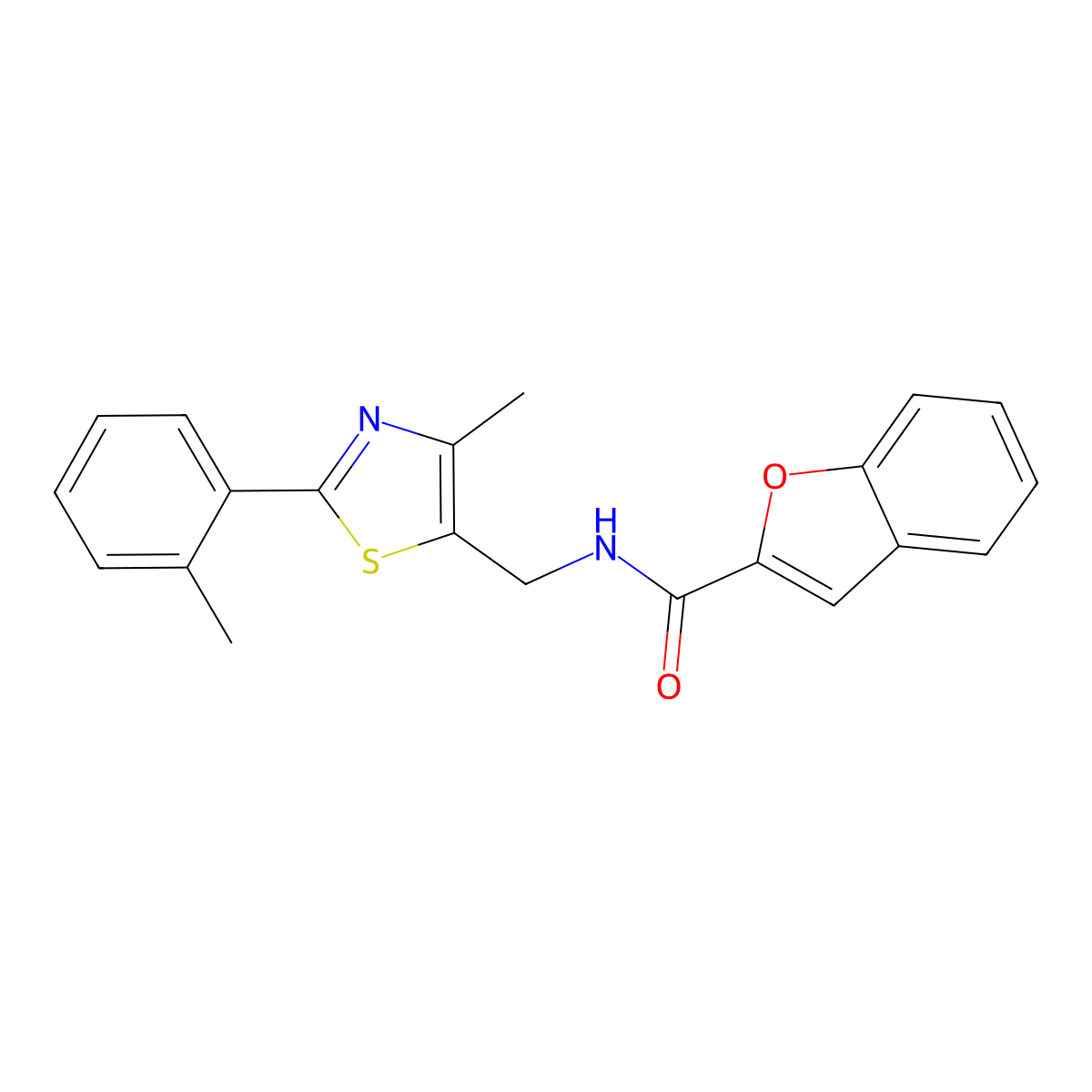 N-((4-methyl-2-(o-tolyl)thiazol-5-yl)methyl)benzofuran-2-carboxamide molecular structure, CAS 1448046-75-0