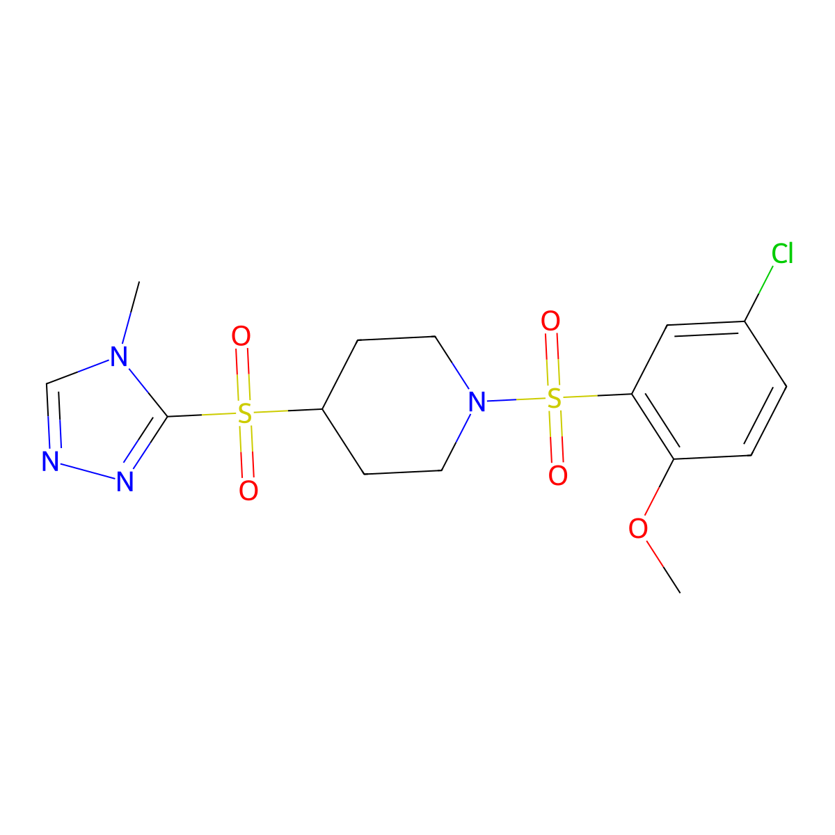 1-((5-chloro-2-methoxyphenyl)sulfonyl)-4-((4-methyl-4H-1,2,4-triazol-3-yl)sulfonyl)piperidine molecular structure, CAS 1448046-78-3