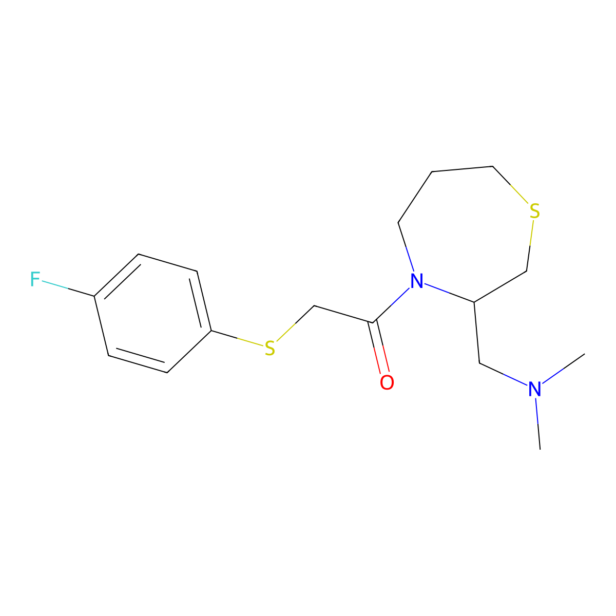 1-(3-((Dimethylamino)methyl)-1,4-thiazepan-4-yl)-2-((4-fluorophenyl)thio)ethanone molecular structure, CAS 1448046-88-5