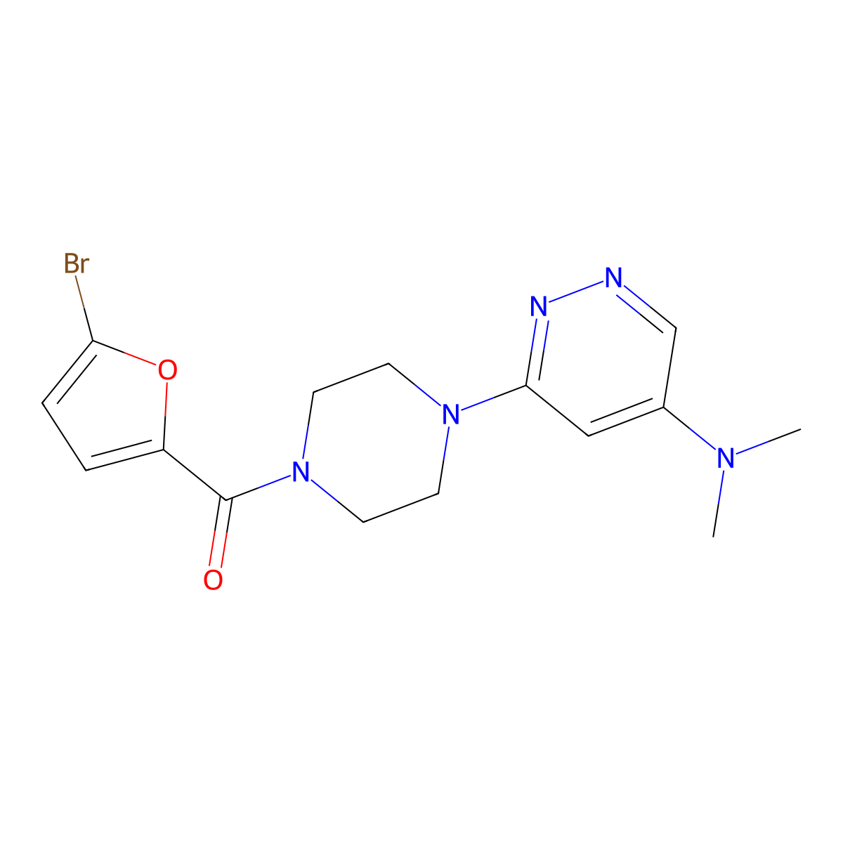 (5-Bromofuran-2-yl)(4-(5-(dimethylamino)pyridazin-3-yl)piperazin-1-yl)methanone molecular structure, CAS 1448047-16-2