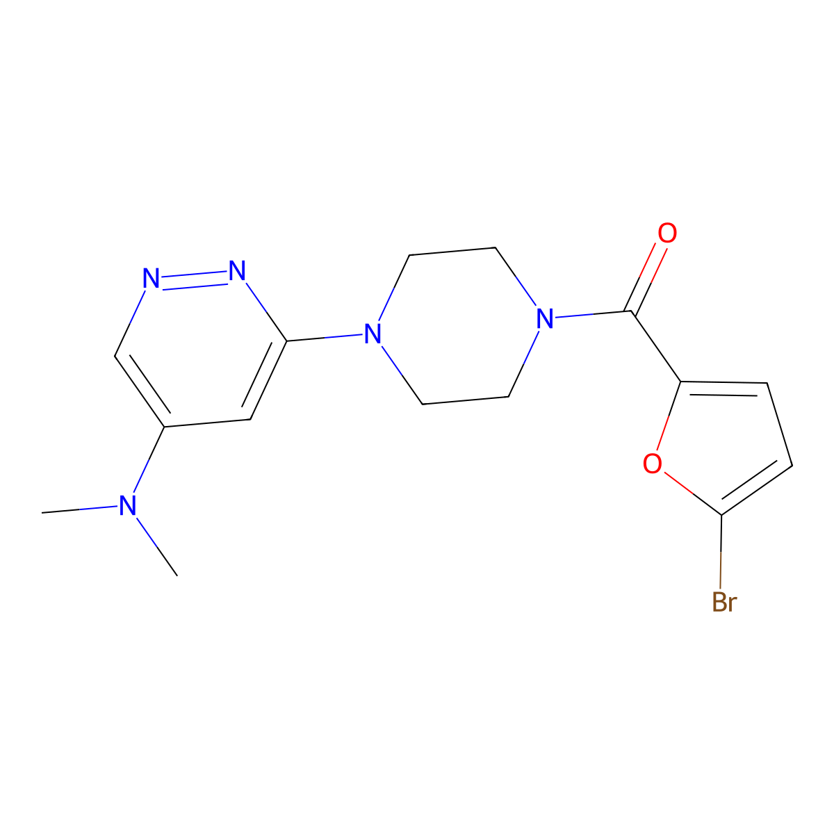 (5-Bromofuran-2-yl)(4-(5-(dimethylamino)pyridazin-3-yl)piperazin-1-yl)methanone molecular structure, CAS 1448047-16-2