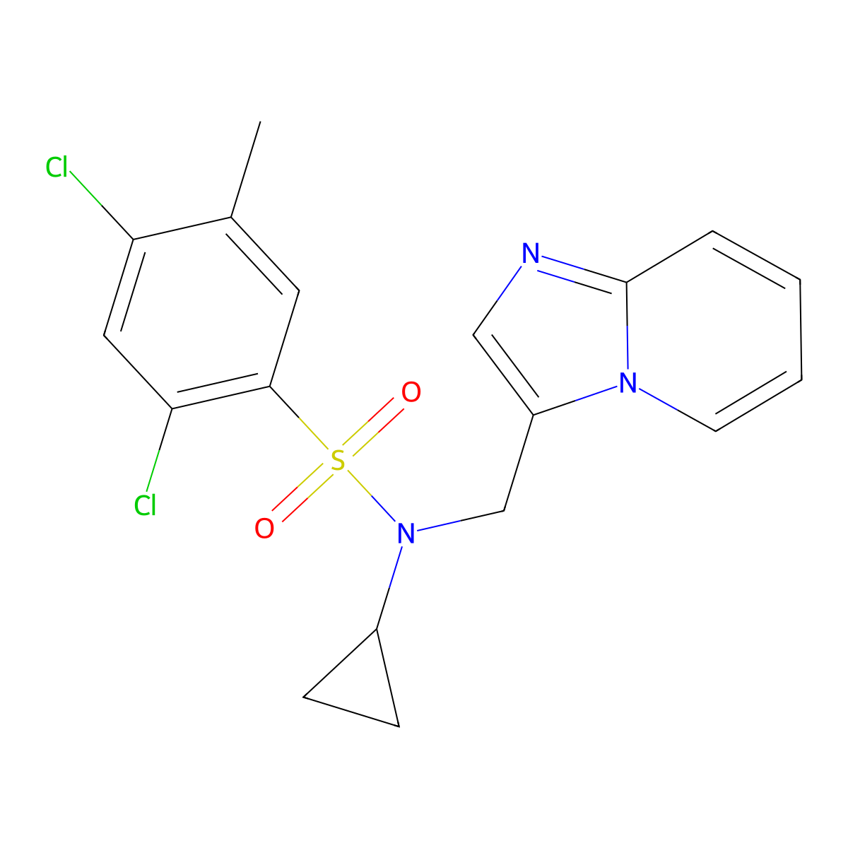 2,4-dichloro-N-cyclopropyl-N-(imidazo[1,2-a]pyridin-3-ylmethyl)-5-methylbenzenesulfonamide molecular structure, CAS 1448047-38-8