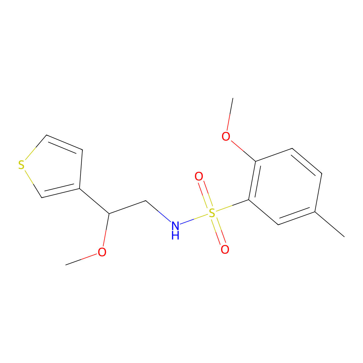 2-methoxy-N-(2-methoxy-2-(thiophen-3-yl)ethyl)-5-methylbenzenesulfonamide molecular structure, CAS 1448047-42-4