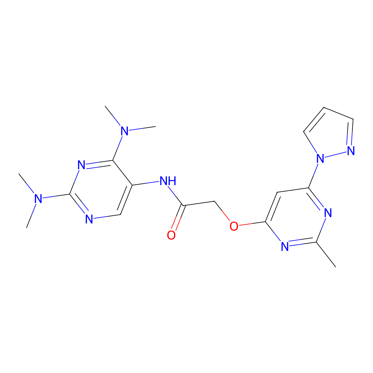 N-[2,4-bis(dimethylamino)pyrimidin-5-yl]-2-{[2-methyl-6-(1H-pyrazol-1-yl)pyrimidin-4-yl]oxy}acetamide molecular structure, CAS 1448047-49-1