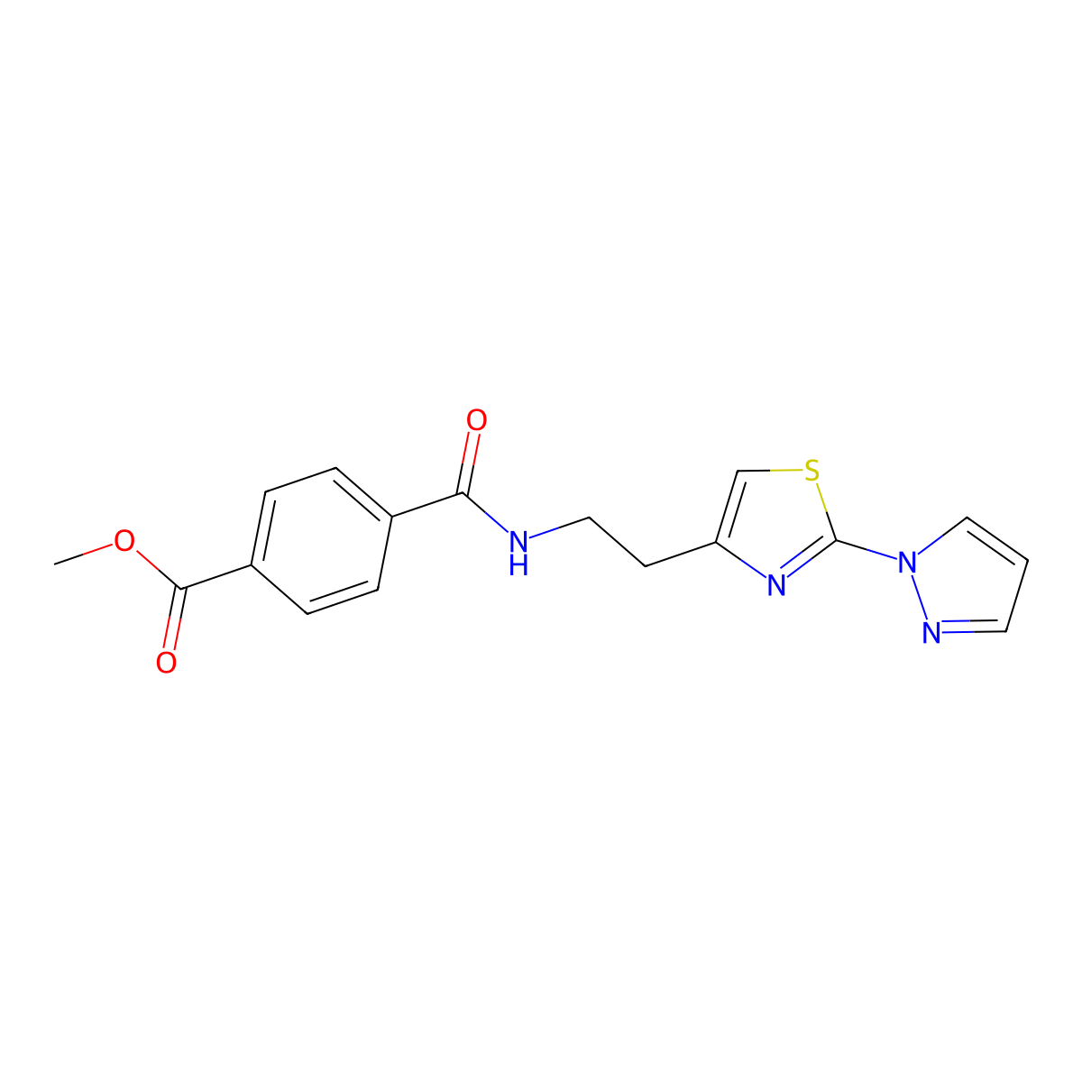 methyl 4-((2-(2-(1H-pyrazol-1-yl)thiazol-4-yl)ethyl)carbamoyl)benzoate molecular structure, CAS 1448047-53-7