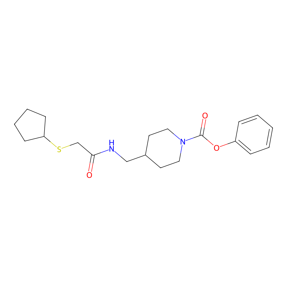 Phenyl 4-((2-(cyclopentylthio)acetamido)methyl)piperidine-1-carboxylate molecular structure, CAS 1448047-55-9