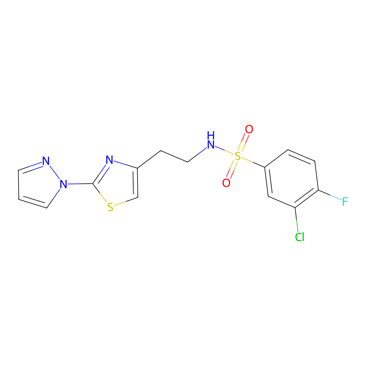 N-(2-(2-(1H-pyrazol-1-yl)thiazol-4-yl)ethyl)-3-chloro-4-fluorobenzenesulfonamide molecular structure, CAS 1448047-63-9