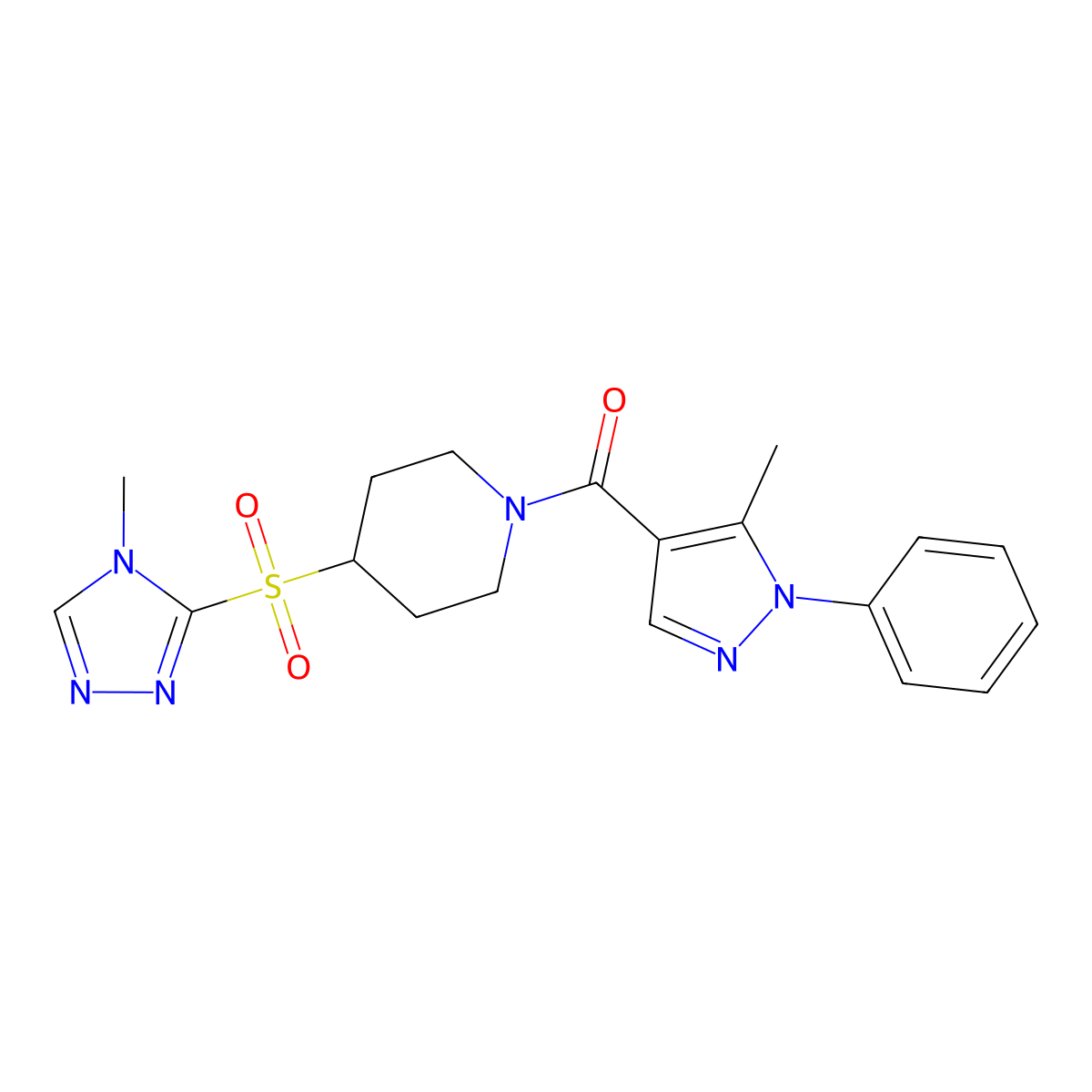 (5-methyl-1-phenyl-1H-pyrazol-4-yl)(4-((4-methyl-4H-1,2,4-triazol-3-yl)sulfonyl)piperidin-1-yl)methanone molecular structure, CAS 1448047-76-4