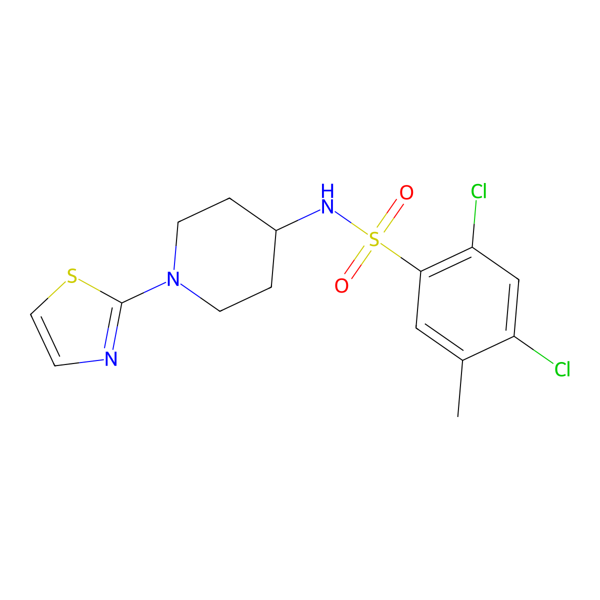 2,4-dichloro-5-methyl-N-(1-(thiazol-2-yl)piperidin-4-yl)benzenesulfonamide molecular structure, CAS 1448047-82-2