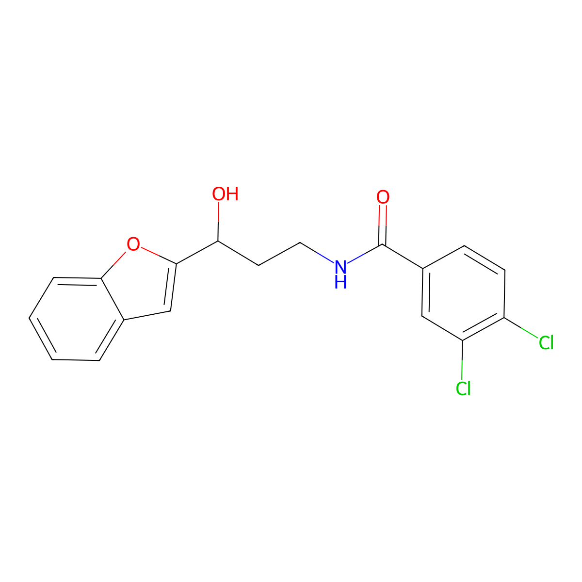 N-(3-(benzofuran-2-yl)-3-hydroxypropyl)-3,4-dichlorobenzamide molecular structure, CAS 1448047-85-5