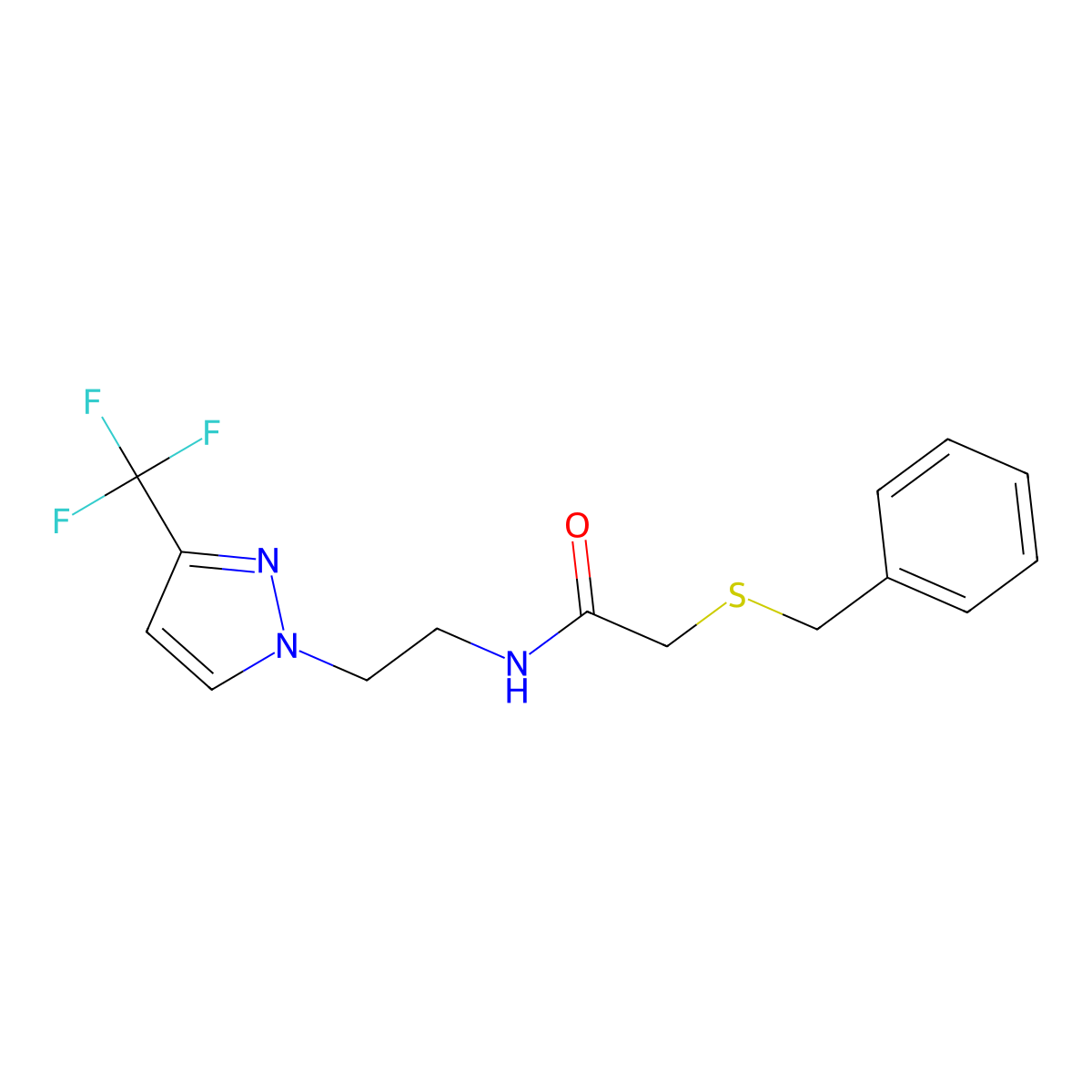 2-(benzylthio)-N-(2-(3-(trifluoromethyl)-1H-pyrazol-1-yl)ethyl)acetamide molecular structure, CAS 1448048-10-9