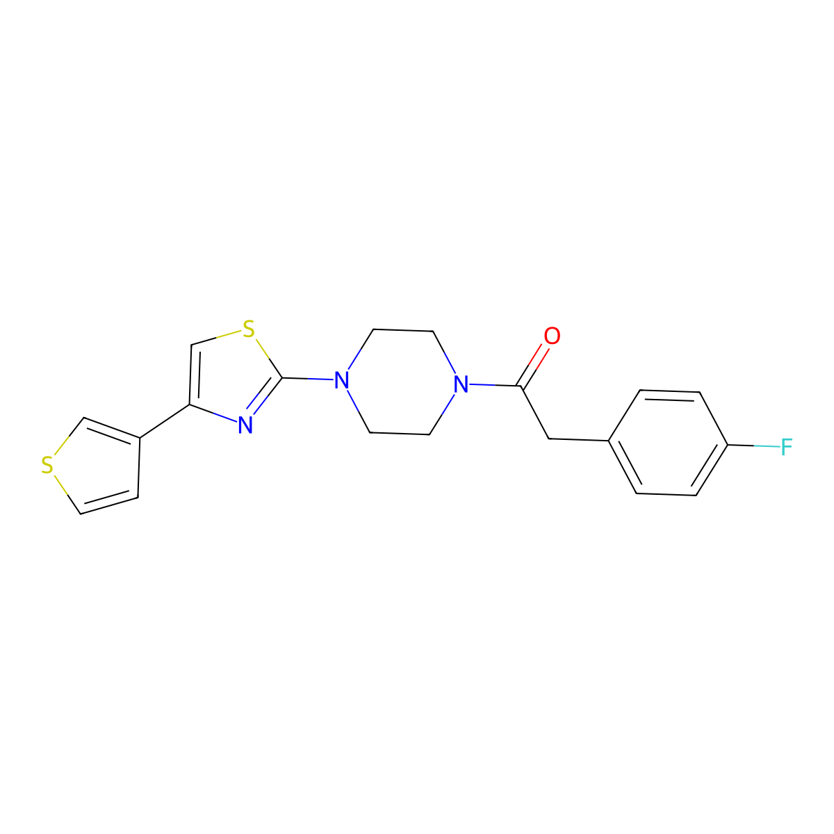2-(4-Fluorophenyl)-1-(4-(4-(thiophen-3-yl)thiazol-2-yl)piperazin-1-yl)ethanone molecular structure, CAS 1448048-11-0