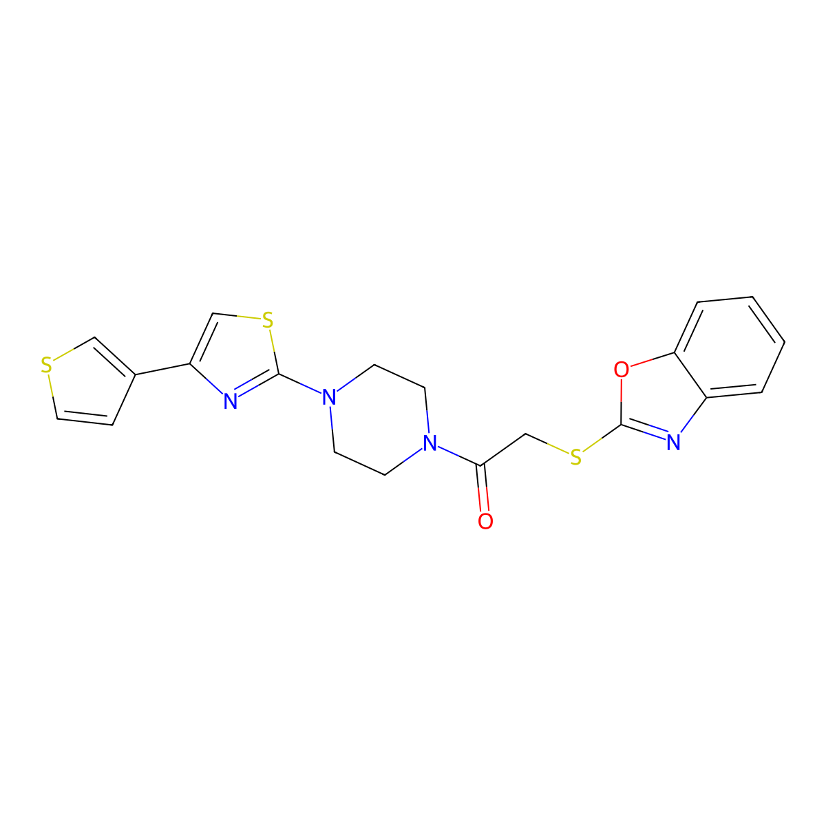 2-(Benzo[d]oxazol-2-ylthio)-1-(4-(4-(thiophen-3-yl)thiazol-2-yl)piperazin-1-yl)ethanone molecular structure, CAS 1448048-19-8