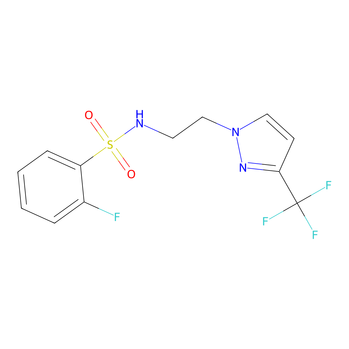 2-fluoro-N-(2-(3-(trifluoromethyl)-1H-pyrazol-1-yl)ethyl)benzenesulfonamide molecular structure, CAS 1448048-21-2