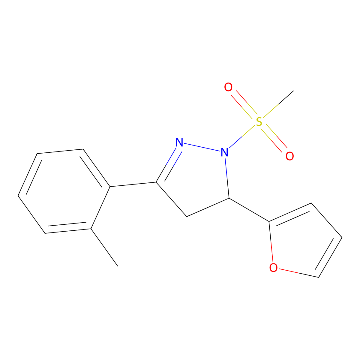 5-(furan-2-yl)-1-(methylsulfonyl)-3-(o-tolyl)-4,5-dihydro-1H-pyrazole molecular structure, CAS 1448048-27-8