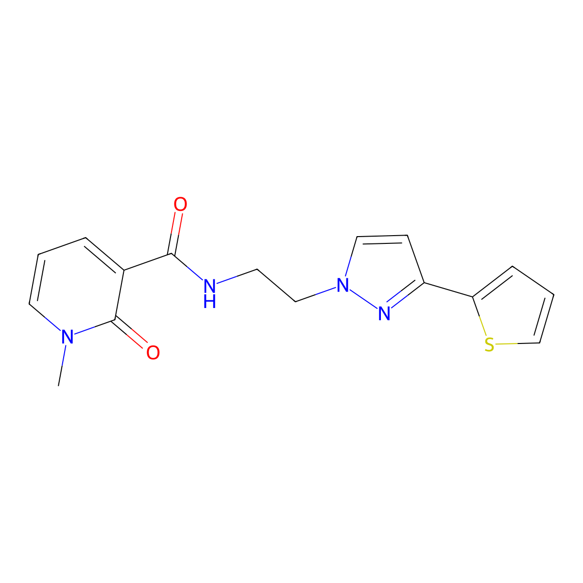 1-methyl-2-oxo-N-{2-[3-(thiophen-2-yl)-1H-pyrazol-1-yl]ethyl}-1,2-dihydropyridine-3-carboxamide molecular structure, CAS 1448048-28-9
