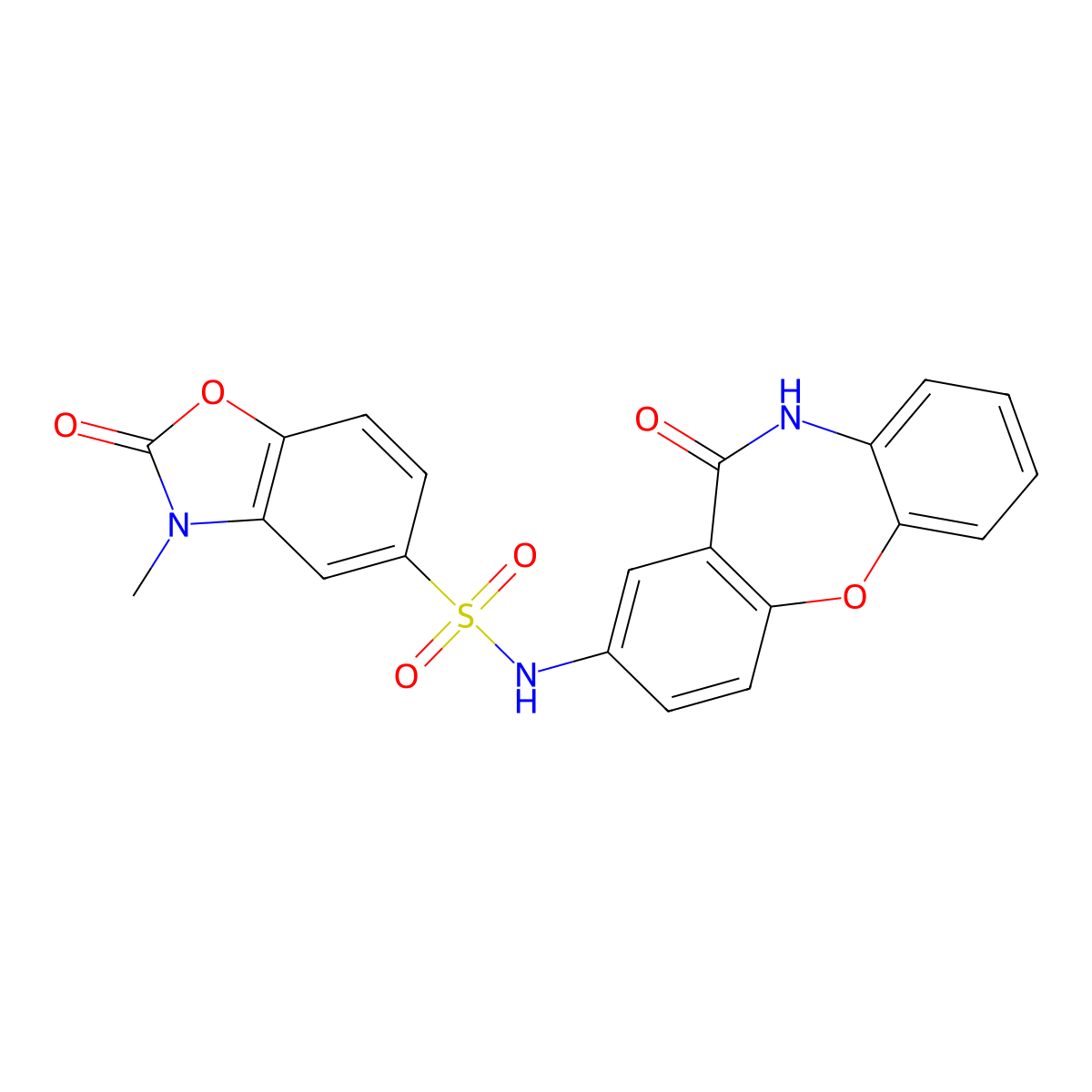 3-methyl-2-oxo-N-{10-oxo-2-oxa-9-azatricyclo[9.4.0.0^{3,8}]pentadeca-1(11),3(8),4,6,12,14-hexaen-13-yl}-2,3-dihydro-1,3-benzoxazole-5-sulfonamide molecular structure, CAS 1448050-04-1