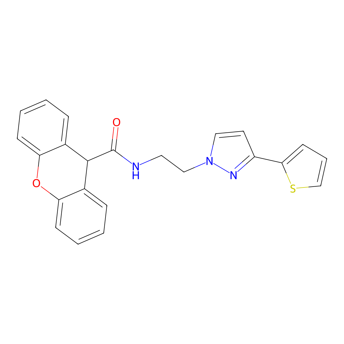 N-{2-[3-(thiophen-2-yl)-1H-pyrazol-1-yl]ethyl}-9H-xanthene-9-carboxamide molecular structure, CAS 1448050-10-9