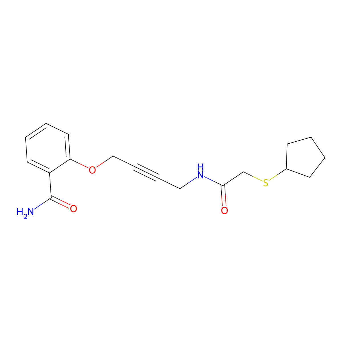 2-((4-(2-(Cyclopentylthio)acetamido)but-2-yn-1-yl)oxy)benzamide molecular structure, CAS 1448050-11-0