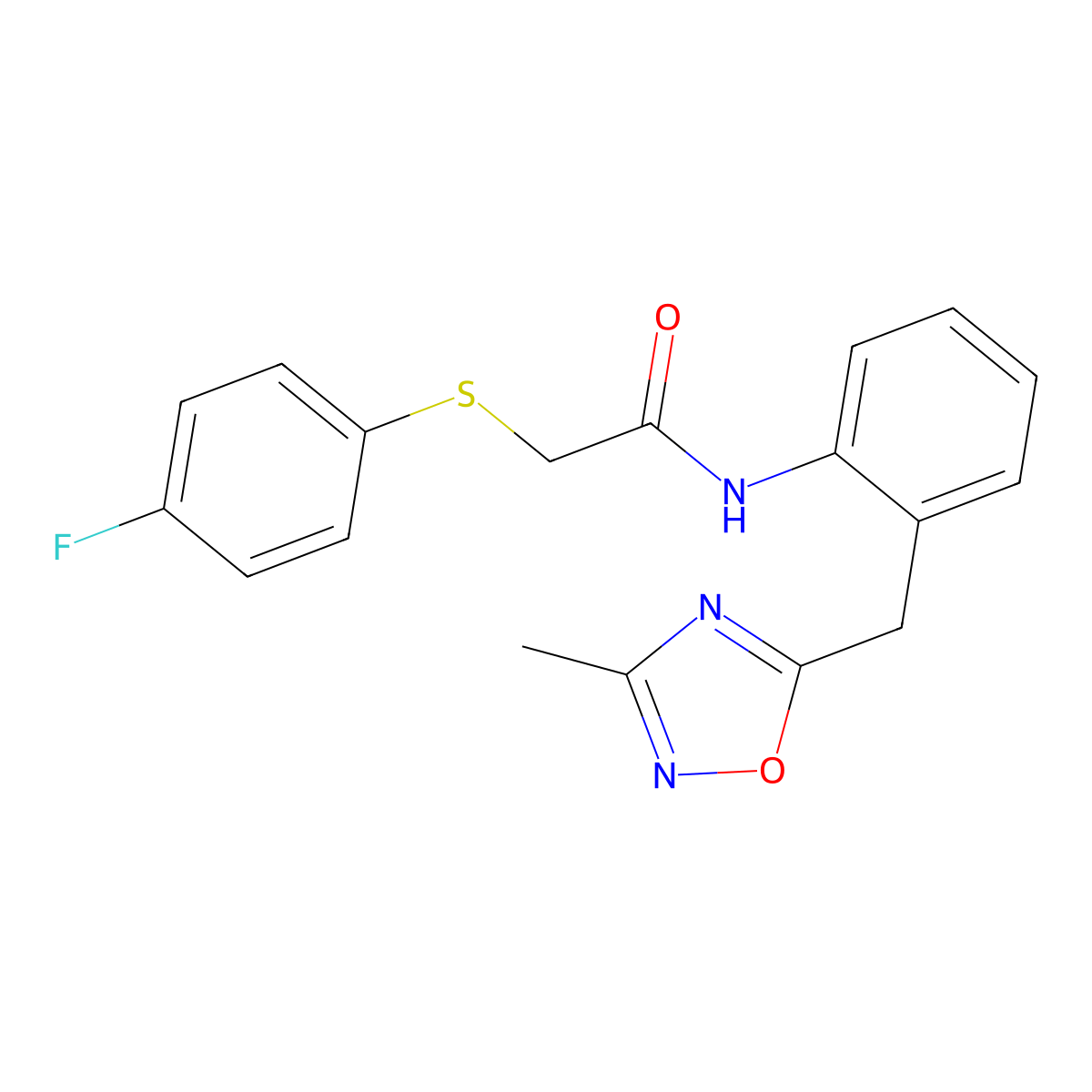 2-((4-fluorophenyl)thio)-N-(2-((3-methyl-1,2,4-oxadiazol-5-yl)methyl)phenyl)acetamide molecular structure, CAS 1448050-17-6
