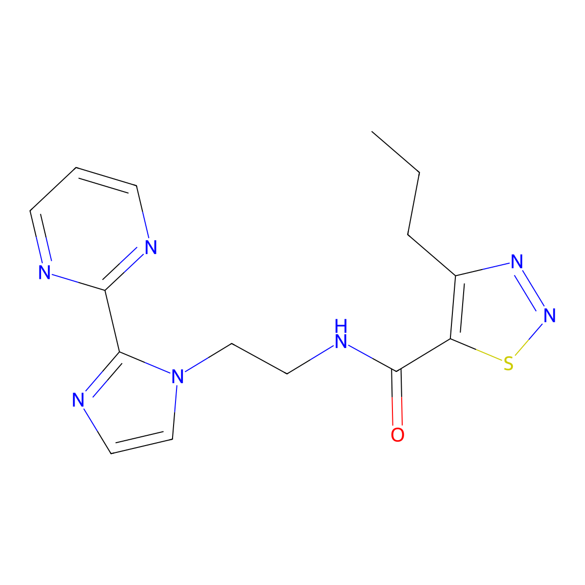 4-propyl-N-(2-(2-(pyrimidin-2-yl)-1H-imidazol-1-yl)ethyl)-1,2,3-thiadiazole-5-carboxamide molecular structure, CAS 1448050-19-8