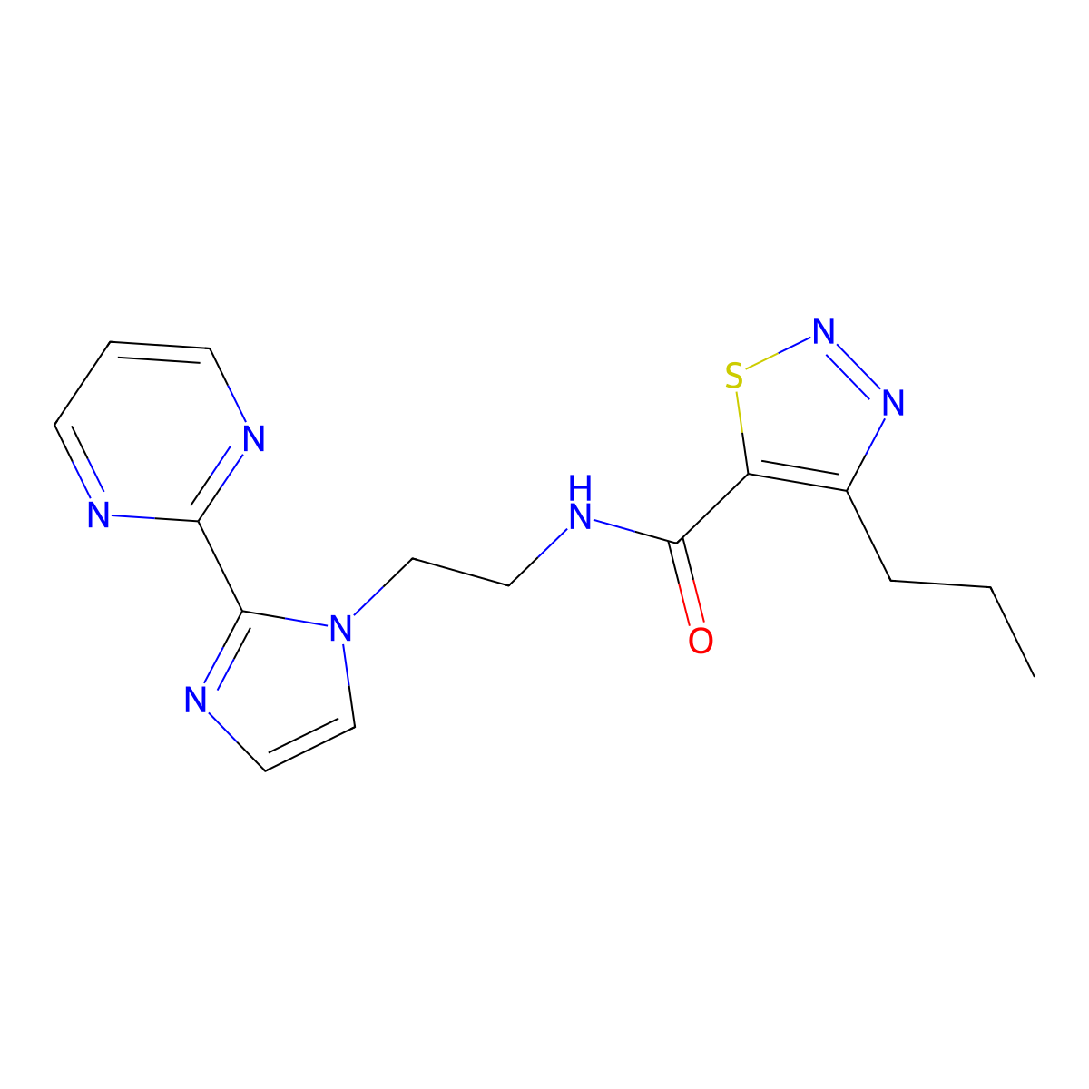4-propyl-N-(2-(2-(pyrimidin-2-yl)-1H-imidazol-1-yl)ethyl)-1,2,3-thiadiazole-5-carboxamide molecular structure, CAS 1448050-19-8