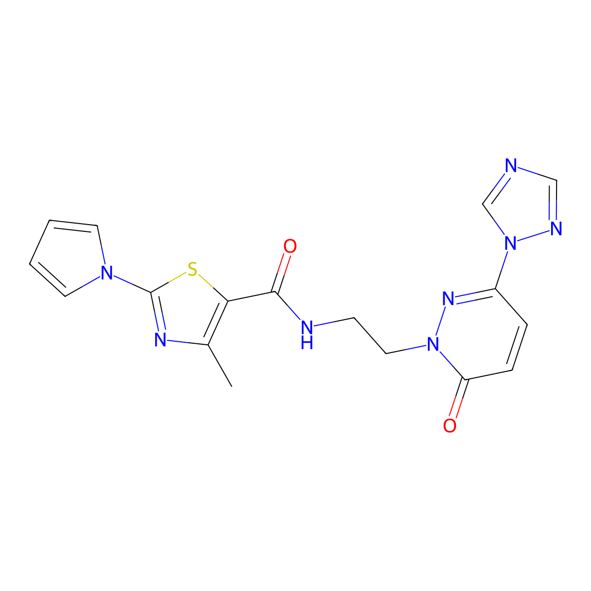 4-methyl-N-(2-(6-oxo-3-(1H-1,2,4-triazol-1-yl)pyridazin-1(6H)-yl)ethyl)-2-(1H-pyrrol-1-yl)thiazole-5-carboxamide molecular structure, CAS 1448050-40-5