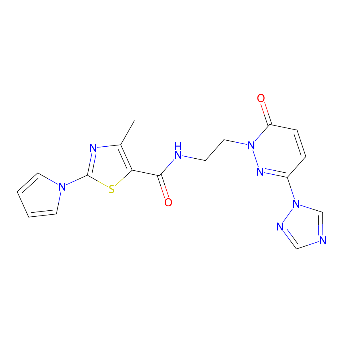4-methyl-N-(2-(6-oxo-3-(1H-1,2,4-triazol-1-yl)pyridazin-1(6H)-yl)ethyl)-2-(1H-pyrrol-1-yl)thiazole-5-carboxamide molecular structure, CAS 1448050-40-5