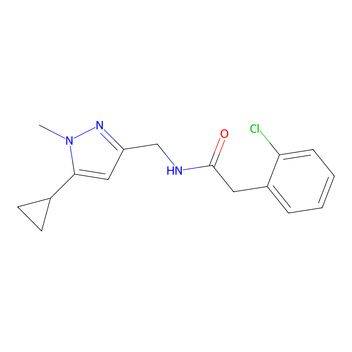 2-(2-chlorophenyl)-N-[(5-cyclopropyl-1-methyl-1H-pyrazol-3-yl)methyl]acetamide molecular structure, CAS 1448050-69-8