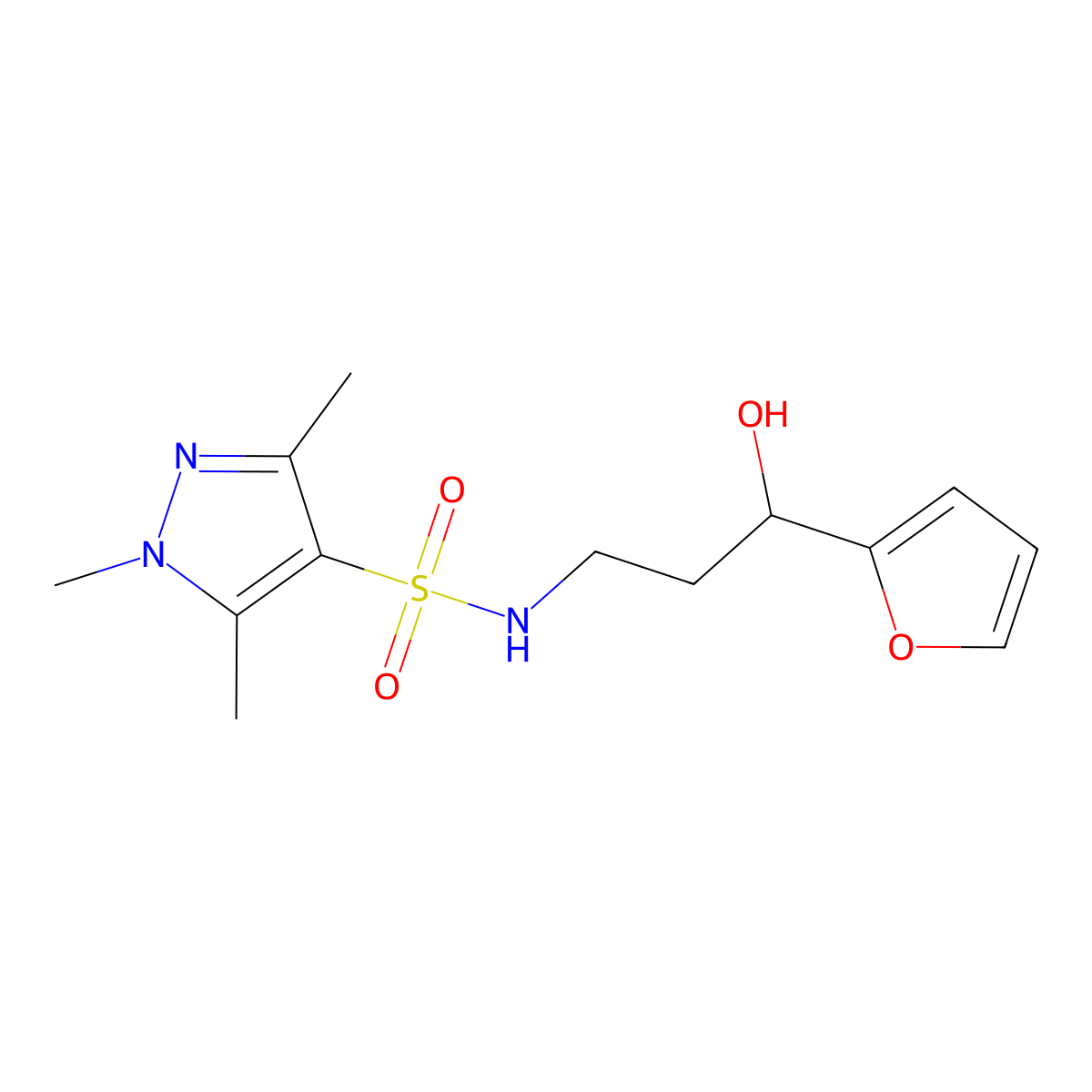 N-(3-(furan-2-yl)-3-hydroxypropyl)-1,3,5-trimethyl-1H-pyrazole-4-sulfonamide molecular structure, CAS 1448050-73-4