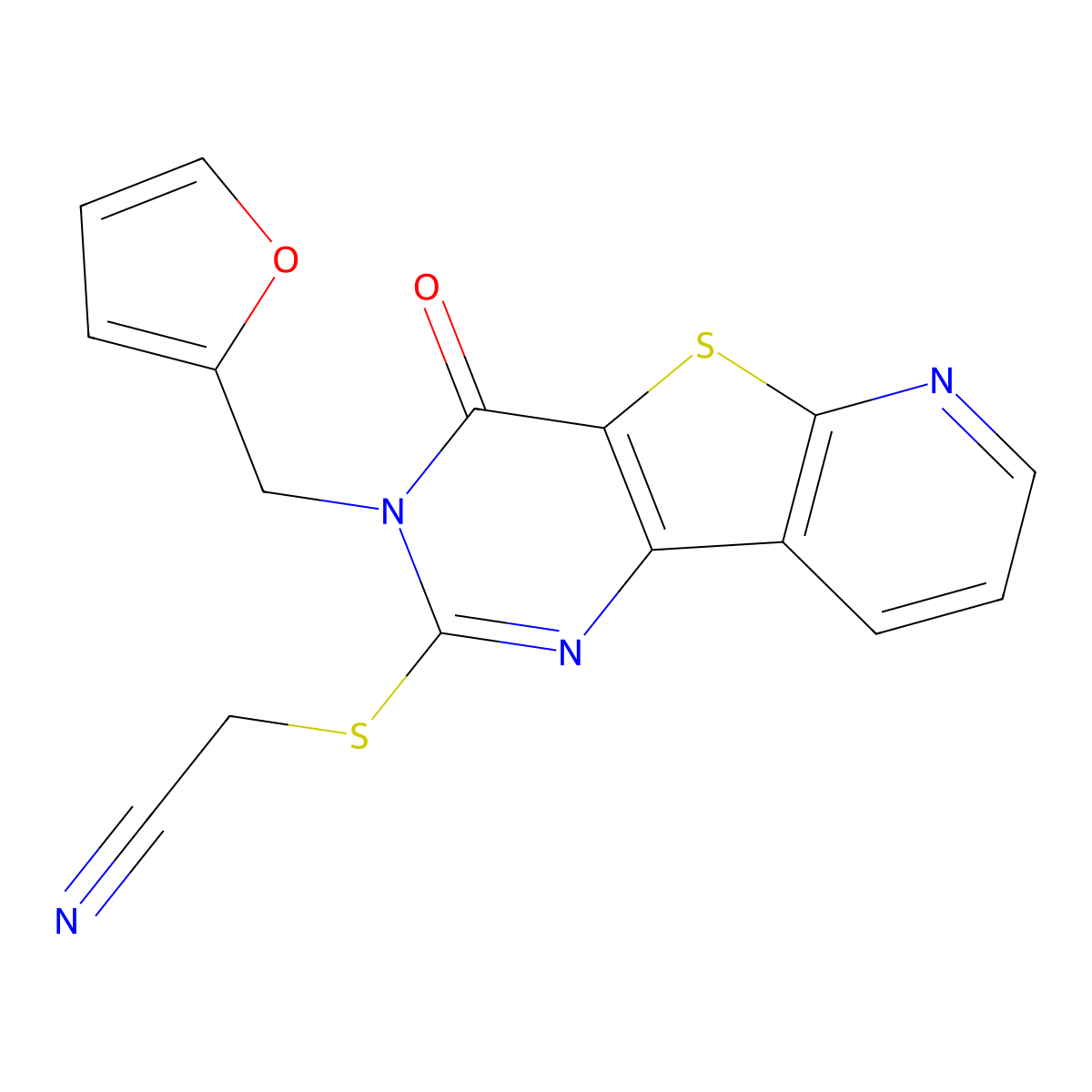 2-((3-(Furan-2-ylmethyl)-4-oxo-3,4-dihydropyrido[3',2':4,5]thieno[3,2-d]pyrimidin-2-yl)thio)acetonitrile molecular structure, CAS 1448050-77-8