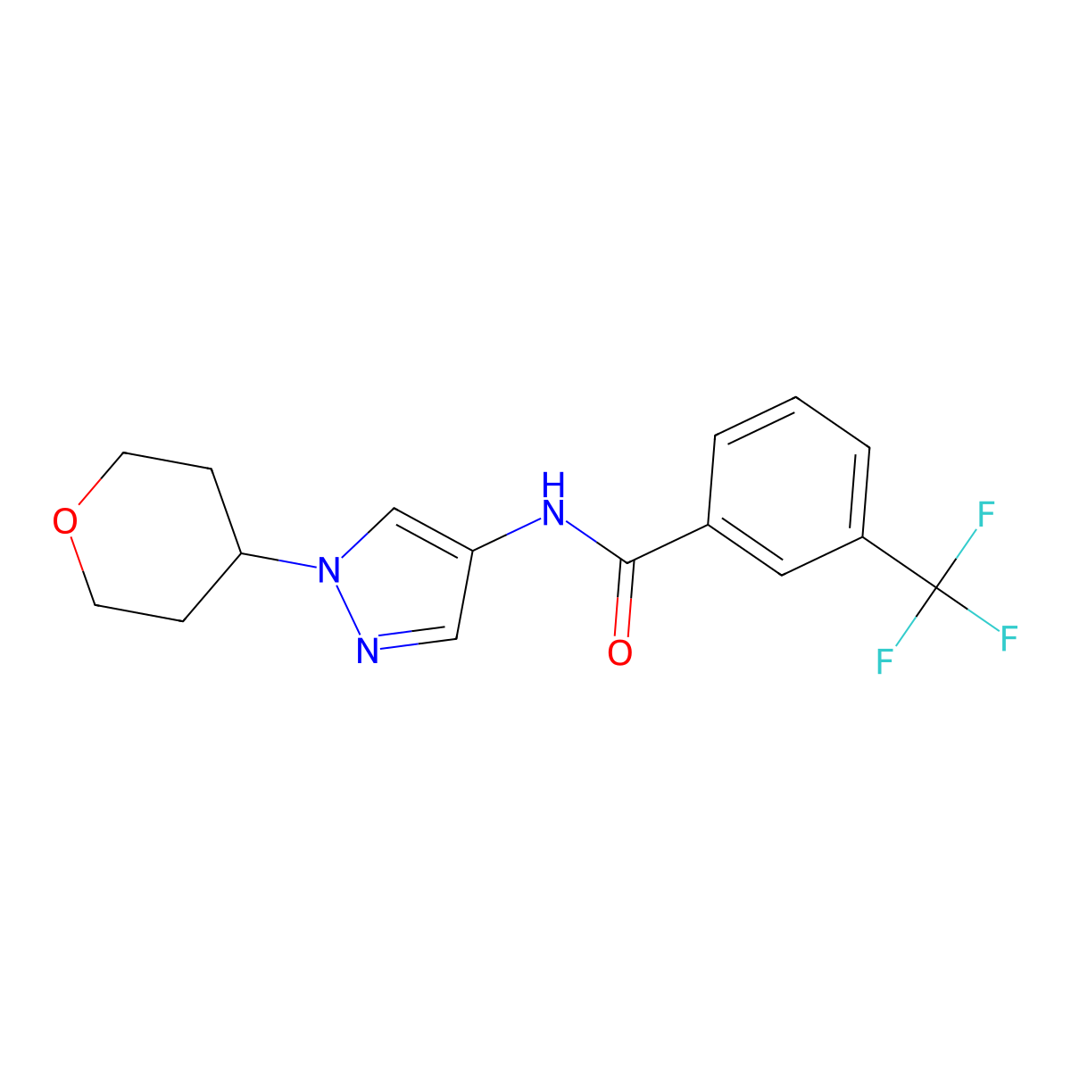 N-(1-(tetrahydro-2H-pyran-4-yl)-1H-pyrazol-4-yl)-3-(trifluoromethyl)benzamide molecular structure, CAS 1448050-79-0