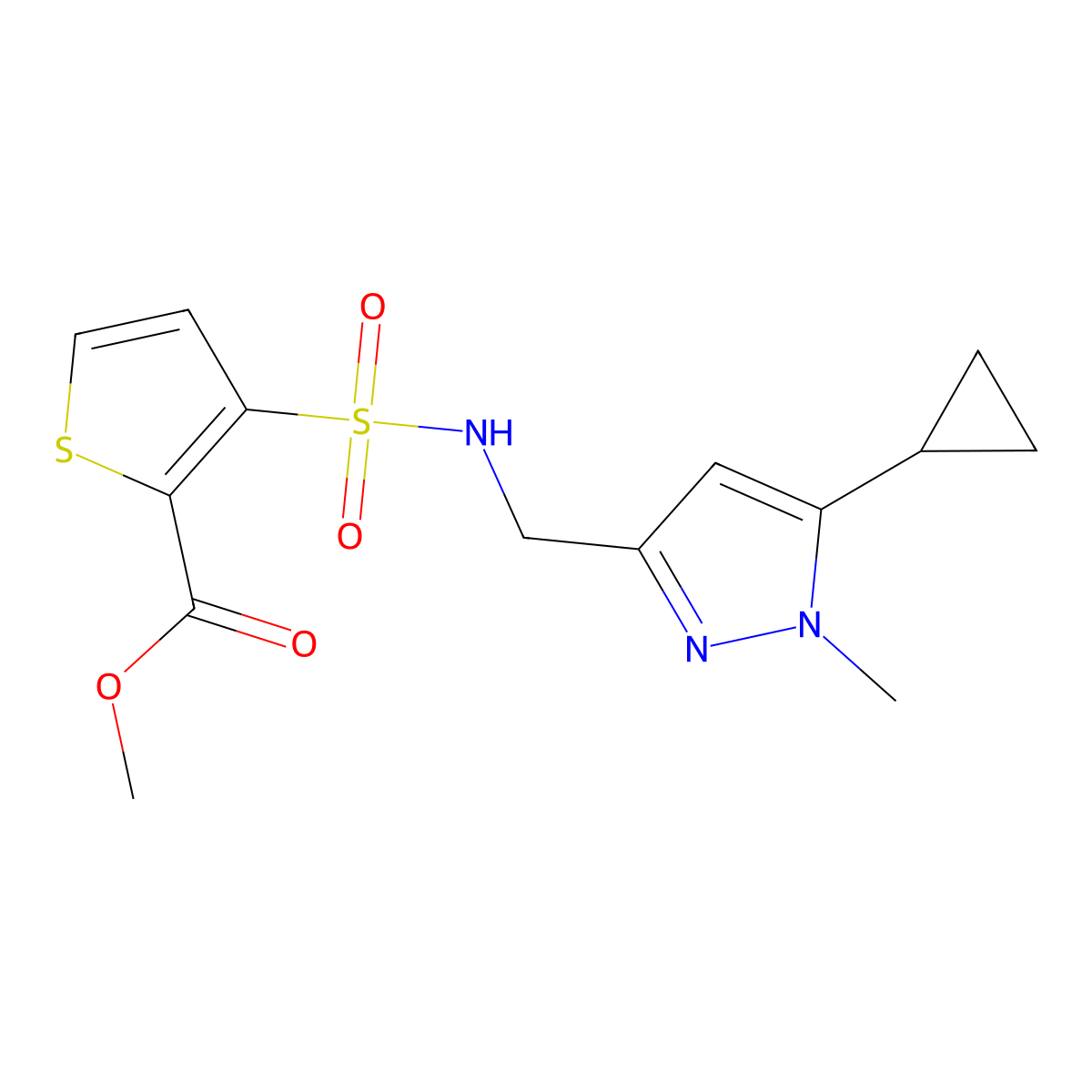 methyl 3-(N-((5-cyclopropyl-1-methyl-1H-pyrazol-3-yl)methyl)sulfamoyl)thiophene-2-carboxylate molecular structure, CAS 1448050-86-9