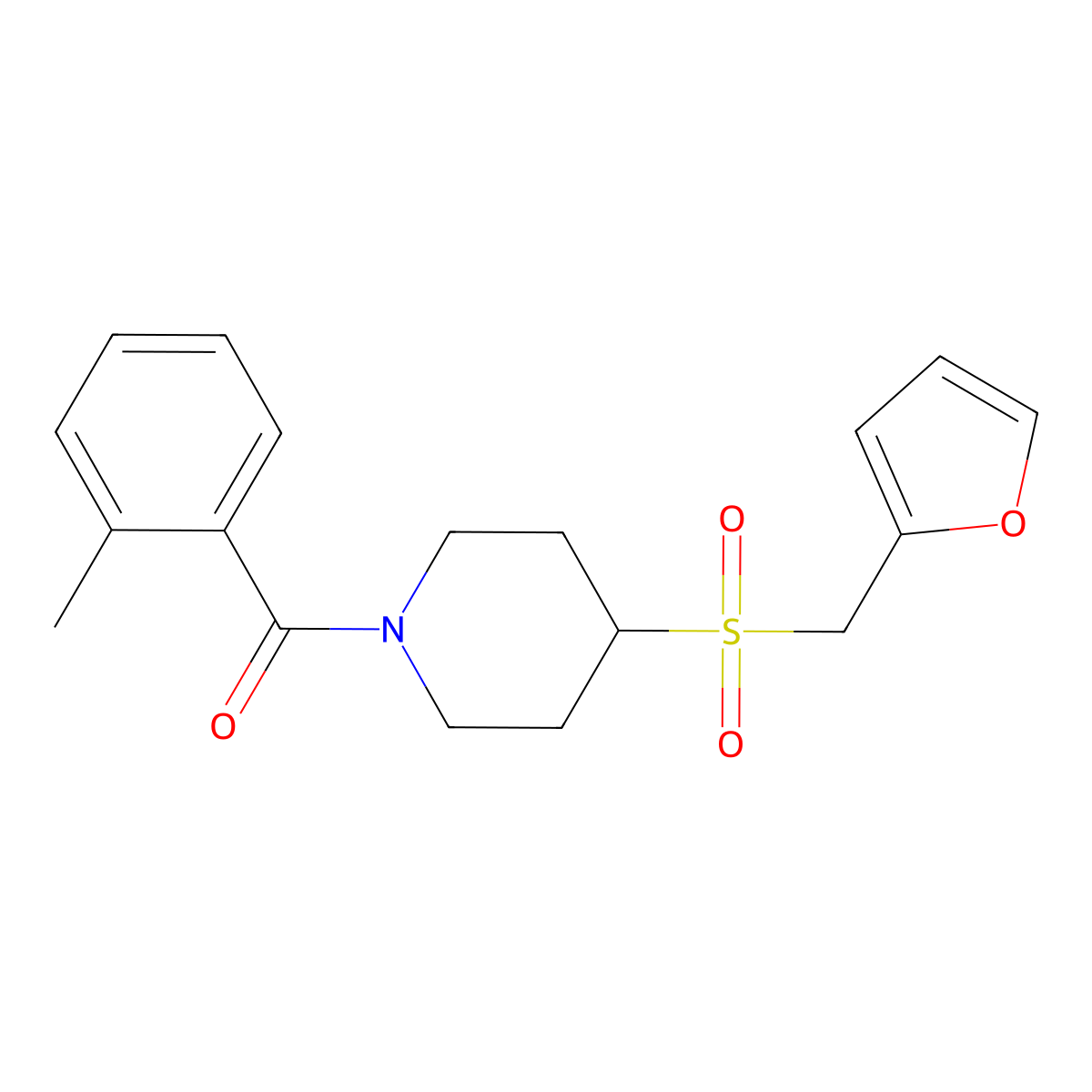 (4-((Furan-2-ylmethyl)sulfonyl)piperidin-1-yl)(o-tolyl)methanone molecular structure, CAS 1448051-10-2