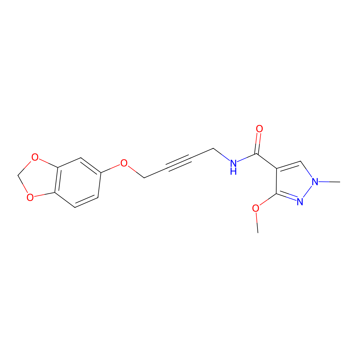 N-(4-(benzo[d][1,3]dioxol-5-yloxy)but-2-yn-1-yl)-3-methoxy-1-methyl-1H-pyrazole-4-carboxamide molecular structure, CAS 1448051-13-5