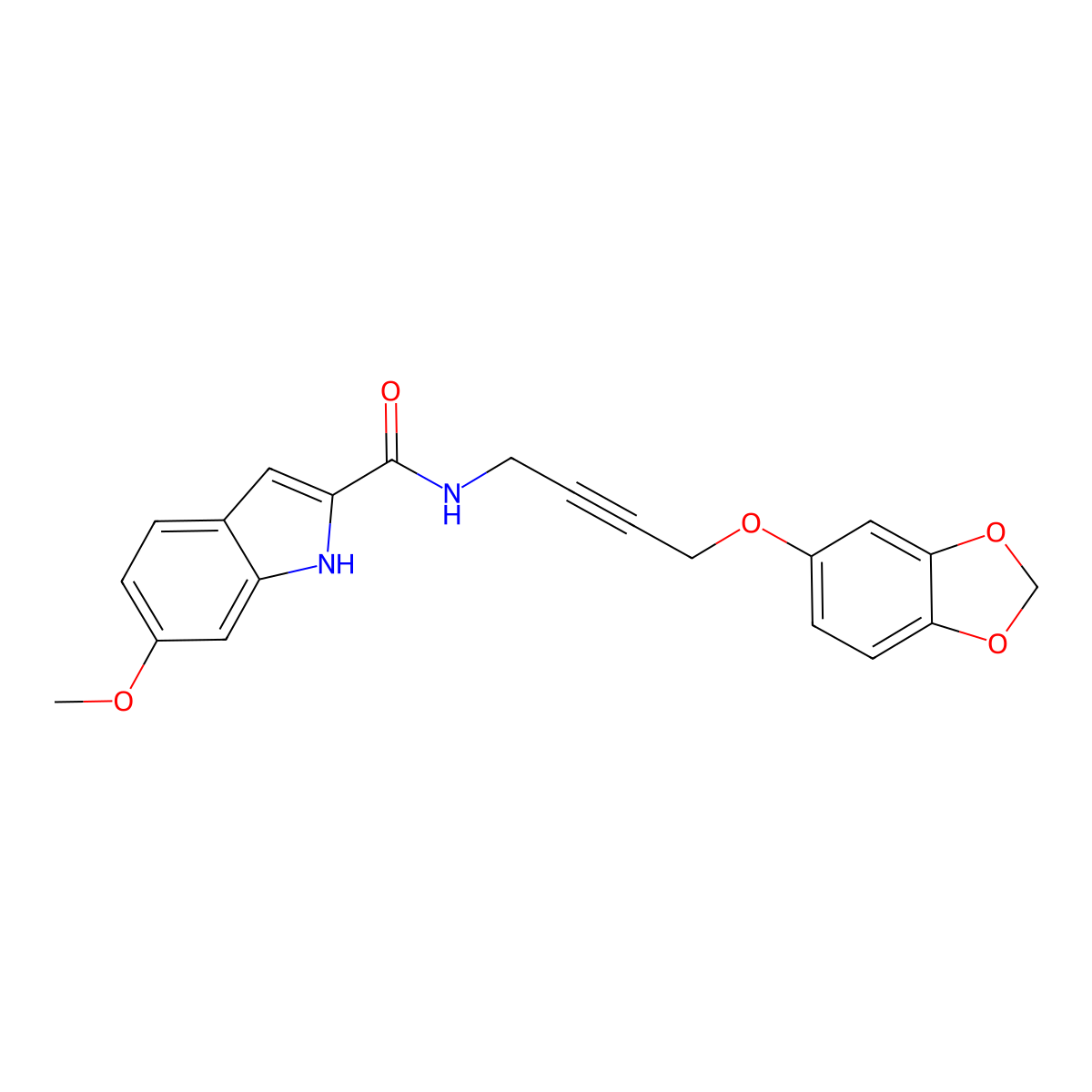 N-(4-(benzo[d][1,3]dioxol-5-yloxy)but-2-yn-1-yl)-6-methoxy-1H-indole-2-carboxamide molecular structure, CAS 1448051-21-5