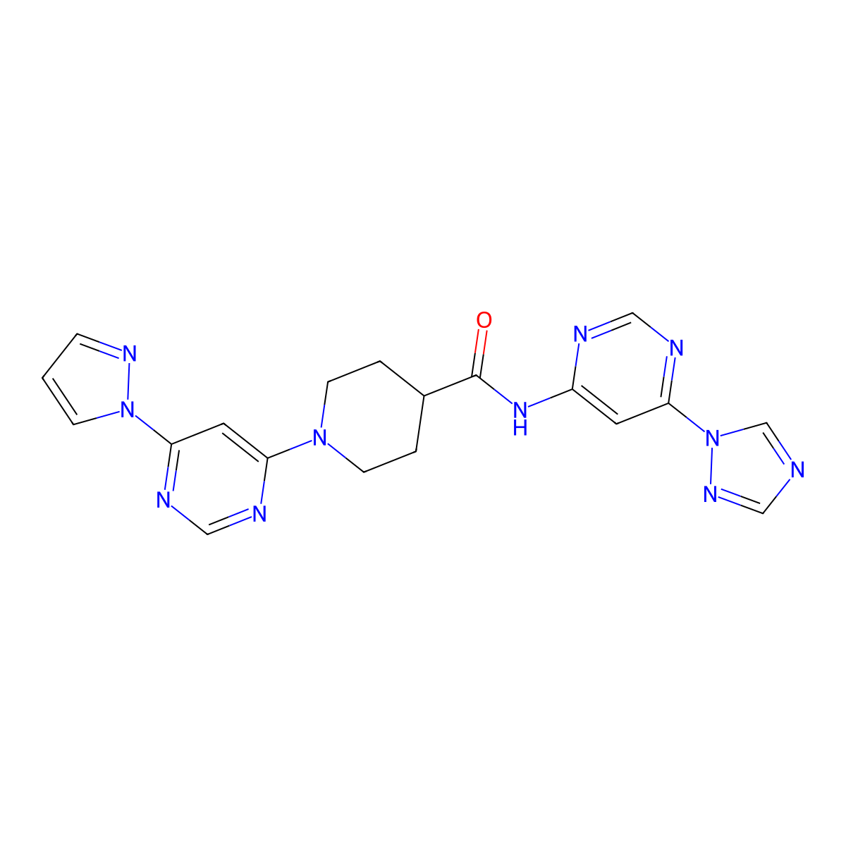 N-(6-(1H-1,2,4-triazol-1-yl)pyrimidin-4-yl)-1-(6-(1H-pyrazol-1-yl)pyrimidin-4-yl)piperidine-4-carboxamide molecular structure, CAS 1448051-22-6