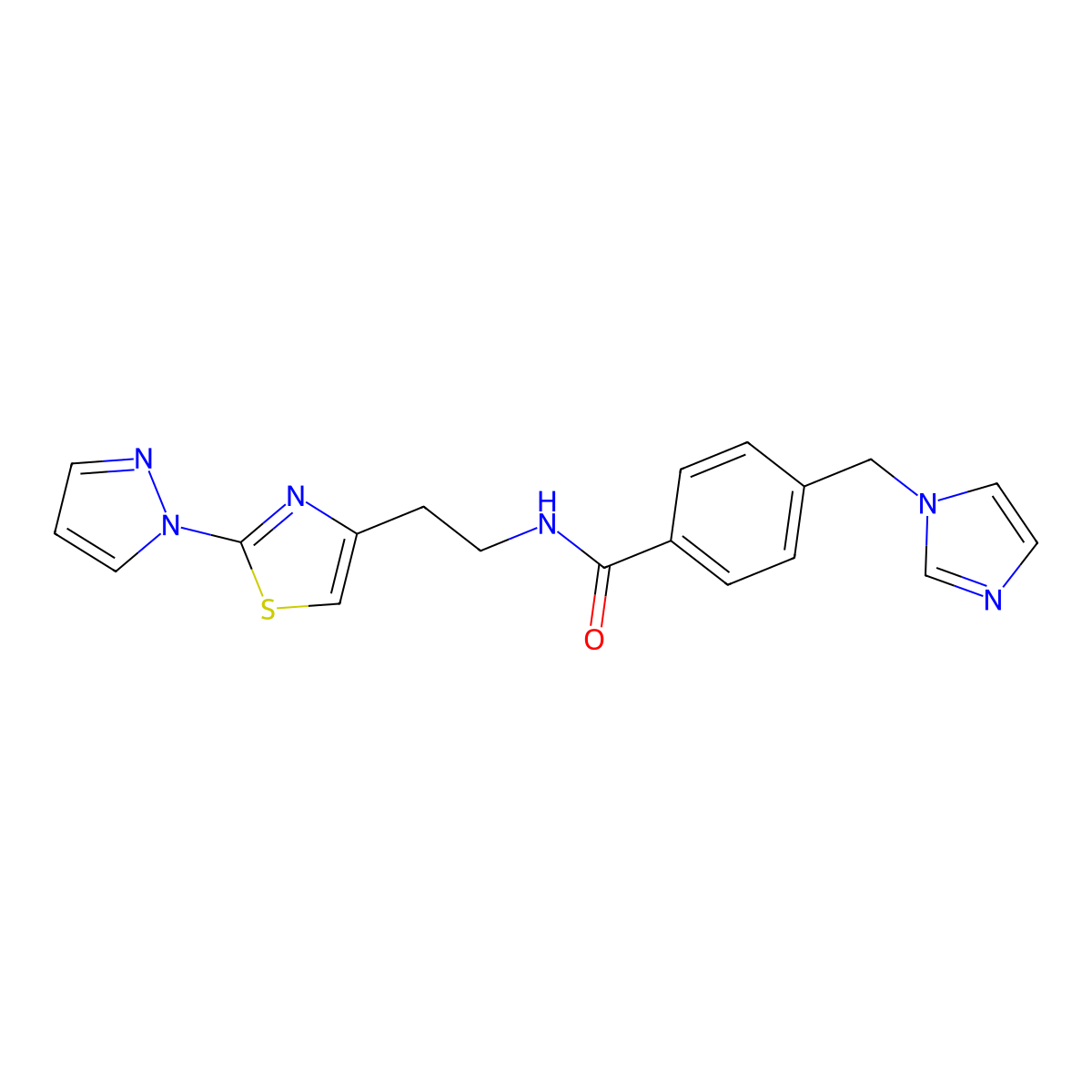 4-((1H-imidazol-1-yl)methyl)-N-(2-(2-(1H-pyrazol-1-yl)thiazol-4-yl)ethyl)benzamide molecular structure, CAS 1448051-48-6