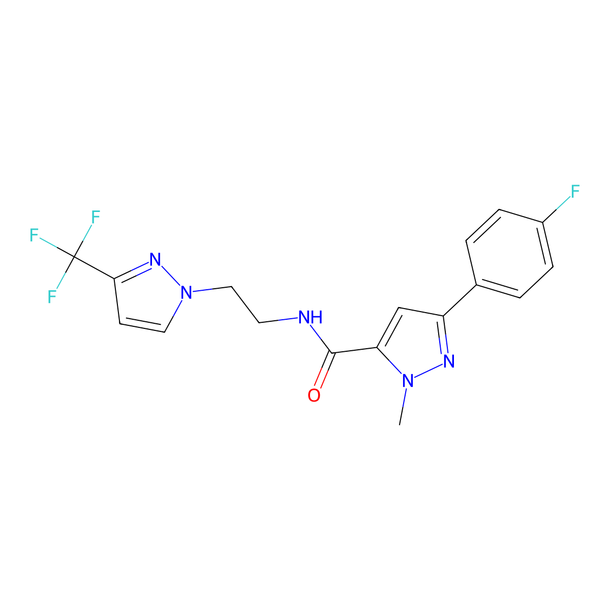 3-(4-fluorophenyl)-1-methyl-N-{2-[3-(trifluoromethyl)-1H-pyrazol-1-yl]ethyl}-1H-pyrazole-5-carboxamide molecular structure, CAS 1448051-55-5