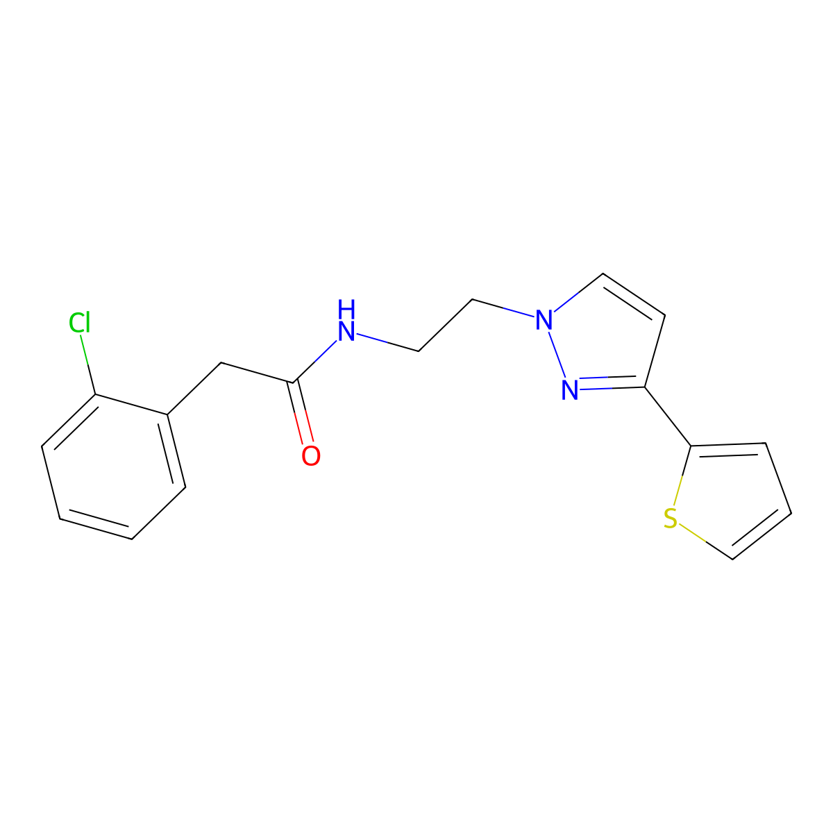 2-(2-chlorophenyl)-N-(2-(3-(thiophen-2-yl)-1H-pyrazol-1-yl)ethyl)acetamide molecular structure, CAS 1448051-74-8