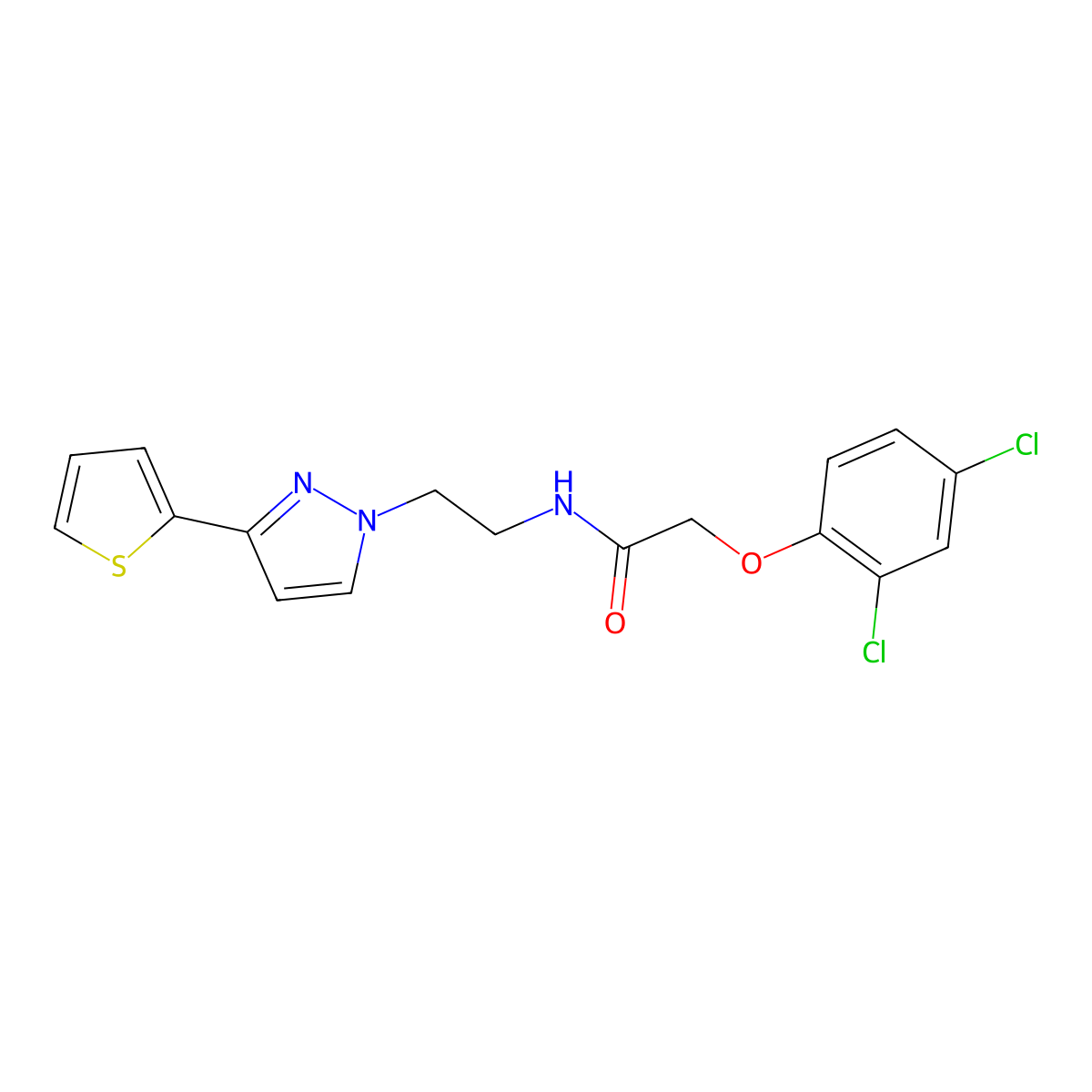 2-(2,4-dichlorophenoxy)-N-{2-[3-(thiophen-2-yl)-1H-pyrazol-1-yl]ethyl}acetamide molecular structure, CAS 1448051-84-0