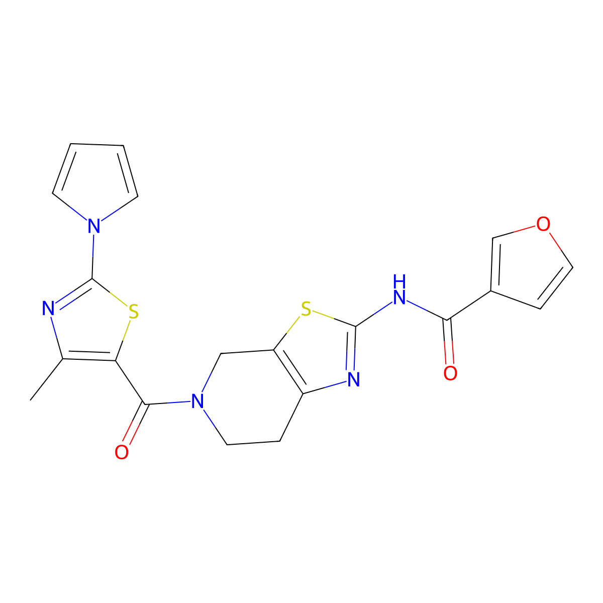 N-(5-(4-methyl-2-(1H-pyrrol-1-yl)thiazole-5-carbonyl)-4,5,6,7-tetrahydrothiazolo[5,4-c]pyridin-2-yl)furan-3-carboxamide molecular structure, CAS 1448052-13-8