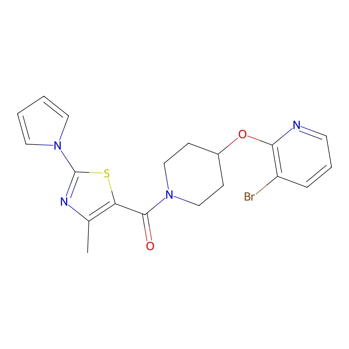 (4-((3-bromopyridin-2-yl)oxy)piperidin-1-yl)(4-methyl-2-(1H-pyrrol-1-yl)thiazol-5-yl)methanone molecular structure, CAS 1448052-28-5