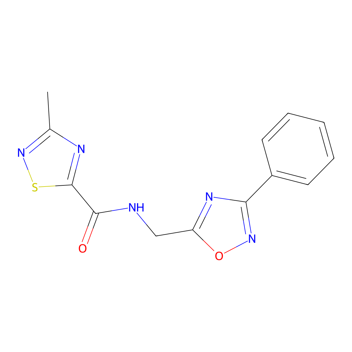 3-Methyl-N-[(3-phenyl-1,2,4-oxadiazol-5-YL)methyl]-1,2,4-thiadiazole-5-carboxamide molecular structure, CAS 1448052-30-9